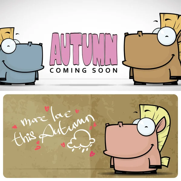 Herbstliche Vektorkarte mit lustigem Cartoon-Pferd und Text. — Stockvektor