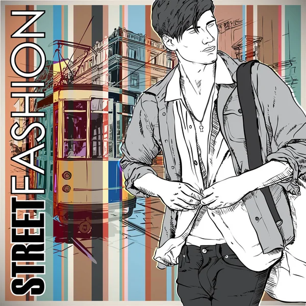 Vector illustration of a young stylish guy and old tram. — Stock Vector