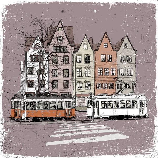 Векторная иллюстрация со зданиями и старым трамваем . — стоковый вектор