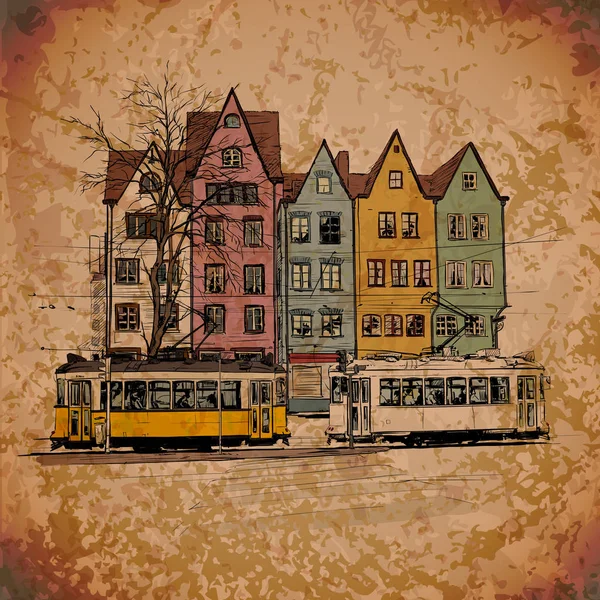 Vektorová ilustrace s budovami a starou tramvají. — Stockový vektor