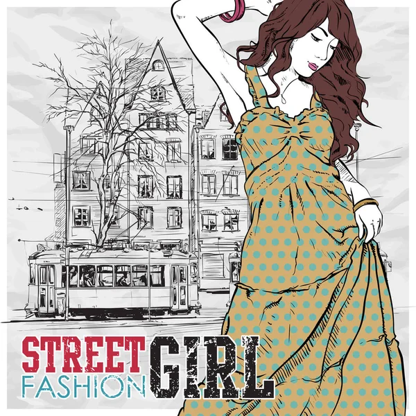 Vector illustration of a pretty fashion girl and old tram. — Stock Vector