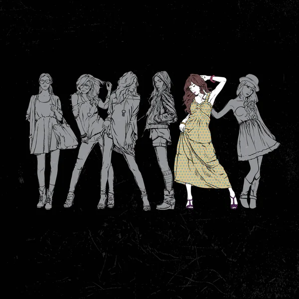 Όμορφη αφίσα με τα κορίτσια της μόδας. εικονογράφηση φορέας. — Διανυσματικό Αρχείο