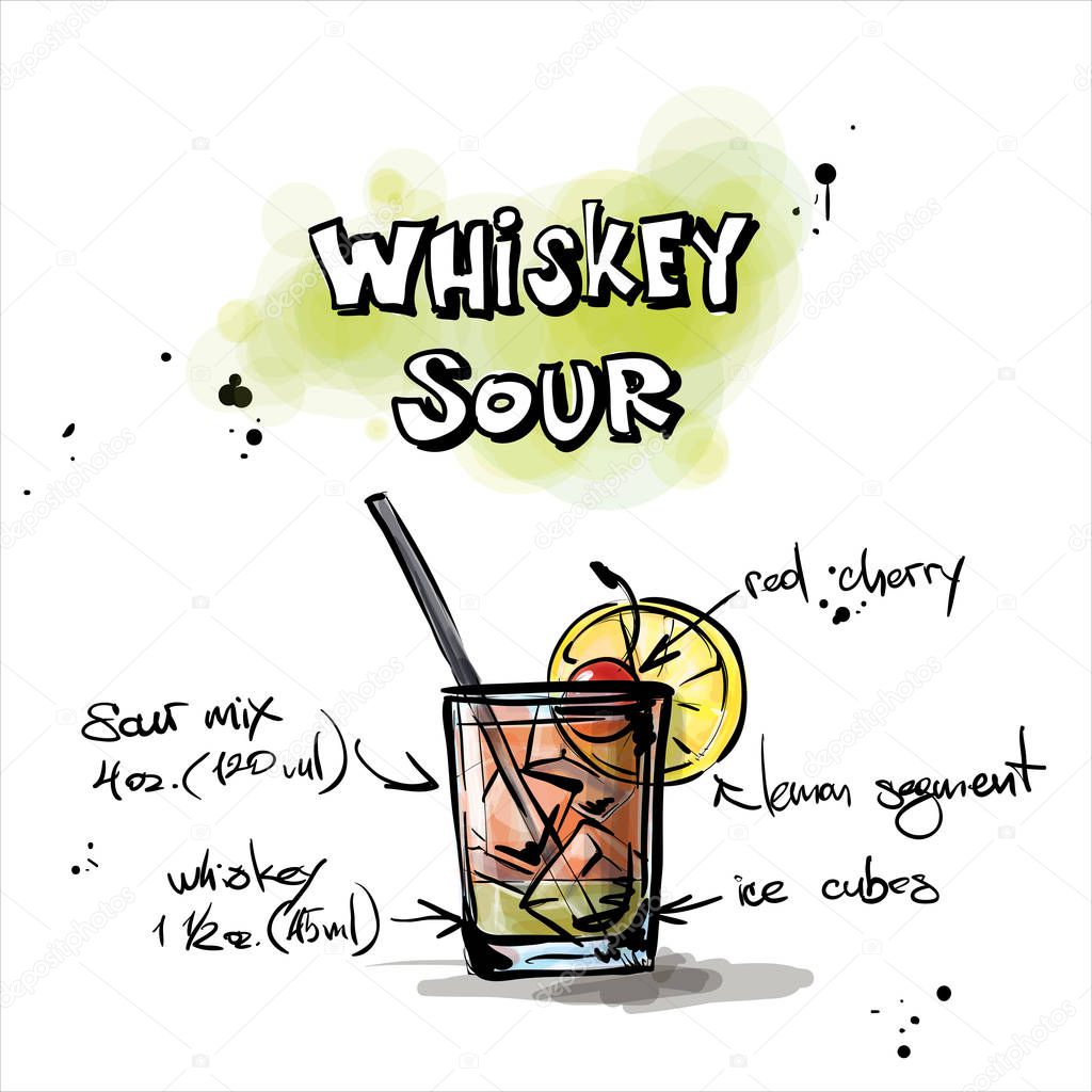 Hand drawn illustration of cocktail. WHISKEY SOUR. Vector collec