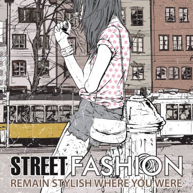 moda güzel kız ve eski tramvay vektör çizimi.