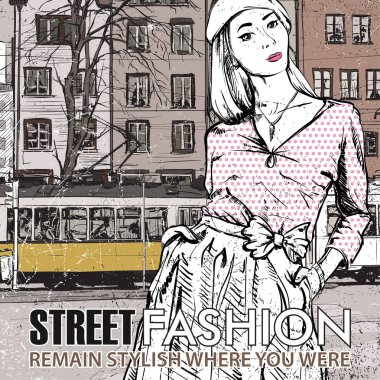 moda güzel kız ve eski tramvay vektör çizimi.