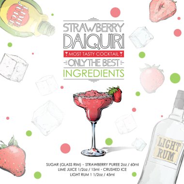 Malzemelerle kokteyl tarifi el çizilmiş illüstrasyon. Vec