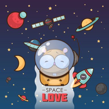Uzay aşkı. Vektör hayvan karakteri ile kart.