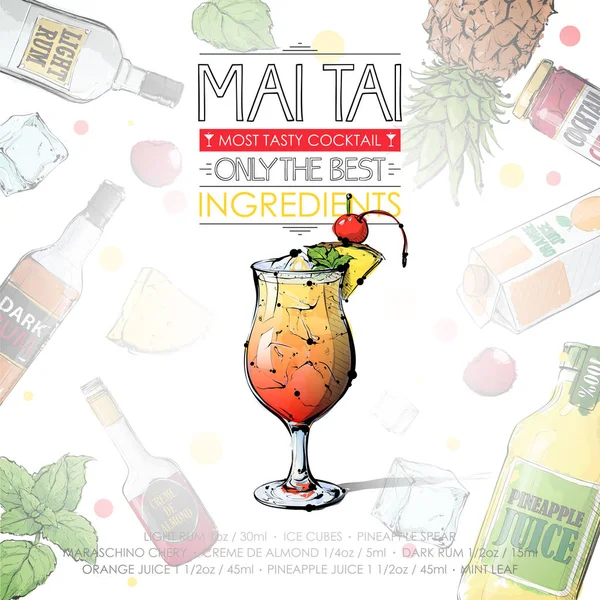 Illustration dessinée à la main de la recette de cocktail avec ingrédients. Végétaux — Image vectorielle