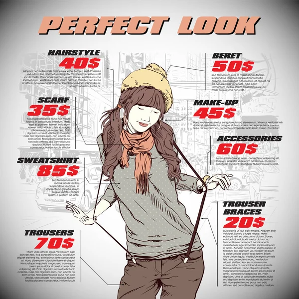 Infografía de moda con modelo y texto. Colección vectorial . — Vector de stock