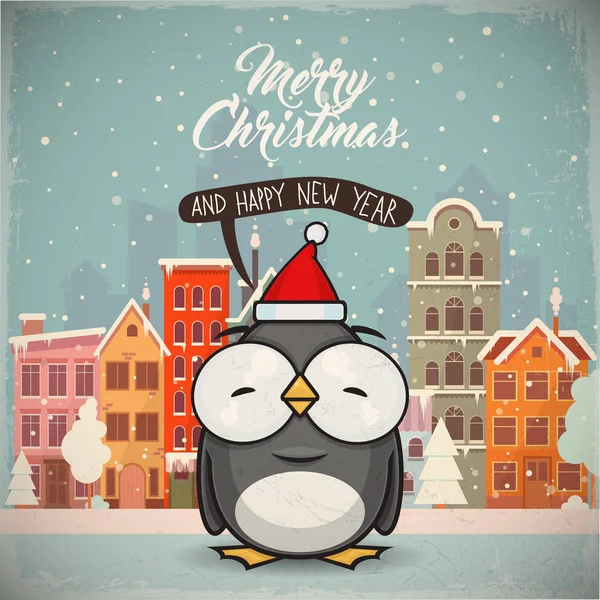 Christmas greeting card with cartoon animal charcter on a city b — Stock Vector