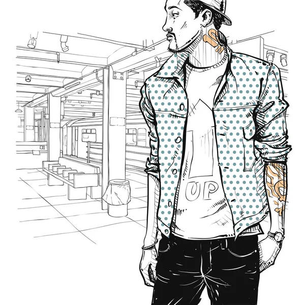 Coole stijlvolle jongen in sketch-stijl op een metrostation. Vector ziek — Stockvector