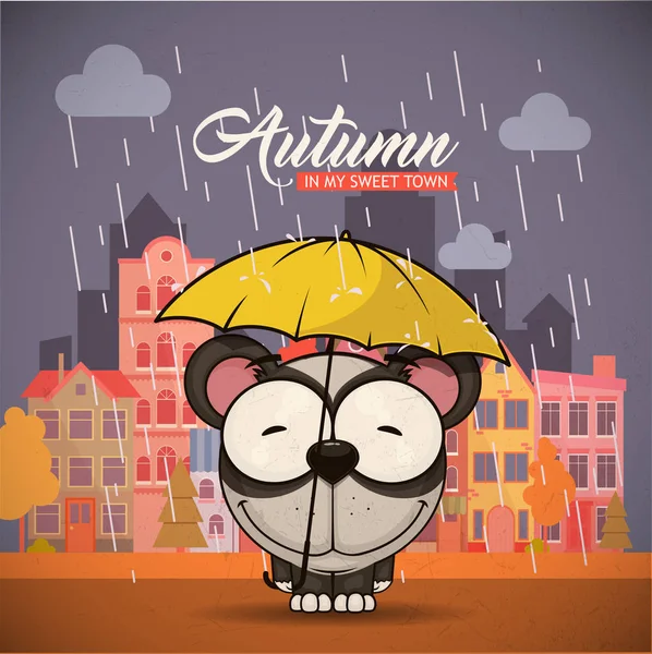 Herfst kaart met cartoon dier en op een achtergrond van de stad. V — Stockvector