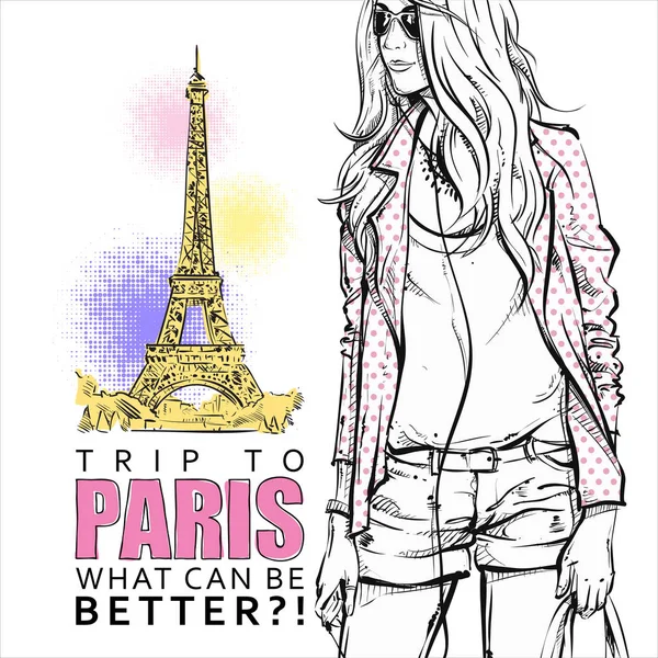 漂亮的时尚女孩在素描风格的埃菲尔铁塔背景 — 图库矢量图片