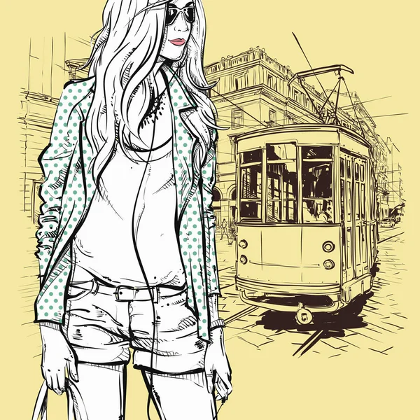 Pretty stylish girl and old tram. Vector illustration. — Stock Vector