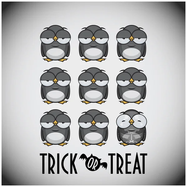 Tarjeta de felicitación de Halloween con pingüino de dibujos animados. Ilustración del vector — Vector de stock