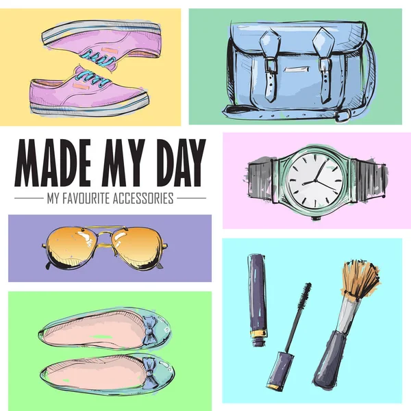 Maakte mijn dag. Set van mode-accessoires. Schets stijl. Vector co — Stockvector