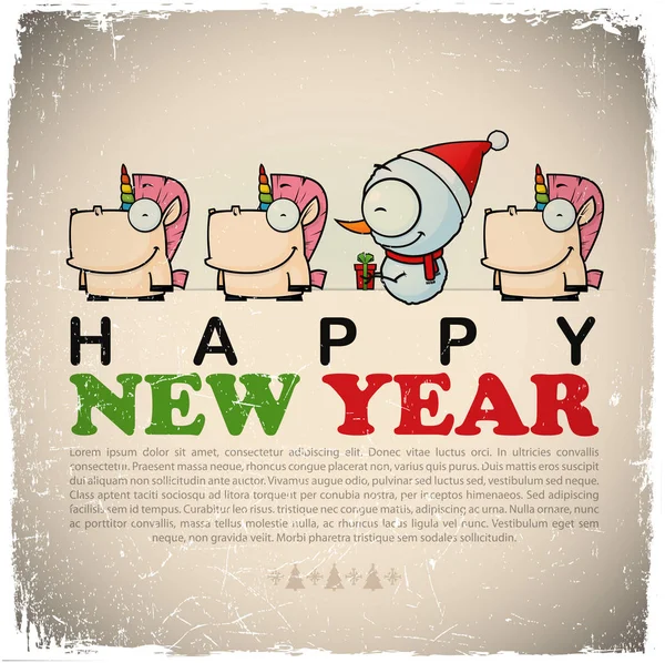 New Year geeting card with snowman and unicorns. Vector illustra — Stock Vector