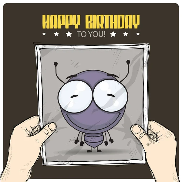 Funny happy birthday greeting card with cartoon ant character. — Stock Vector