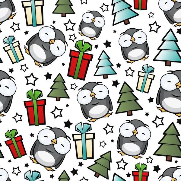 Christmas seamless pattern with cartoon penguins. Vector illustr — Stock Vector