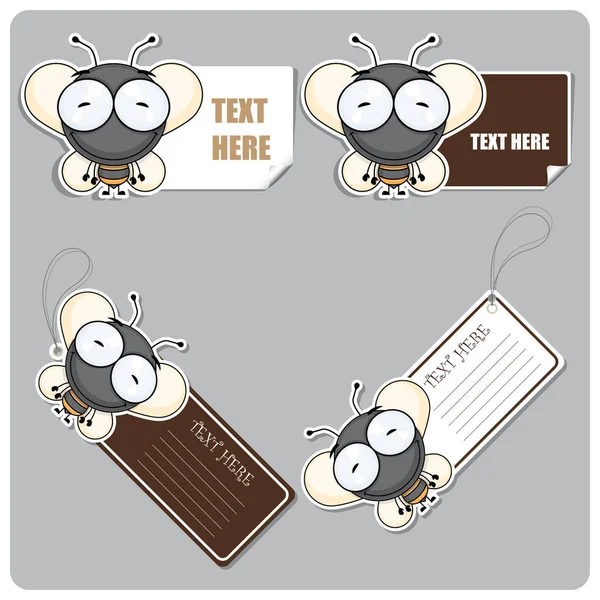 Set of tags and stickers with funny cartoon bee. Vector illustra — Stock Vector