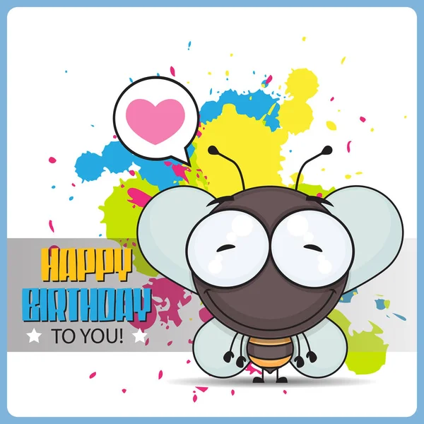 漫画蜂のキャラクターと面白い幸せな誕生日のグリーティングカード. — ストックベクタ