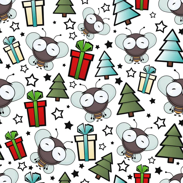Christmas seamless pattern with cartoon bee. Vector illustration — Stock Vector