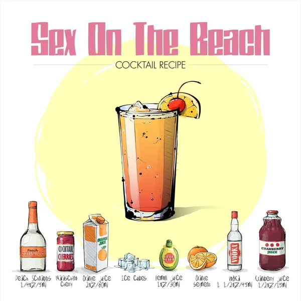 Illustration dessinée à la main de la recette de cocktail avec ingrédients. Végétaux — Image vectorielle