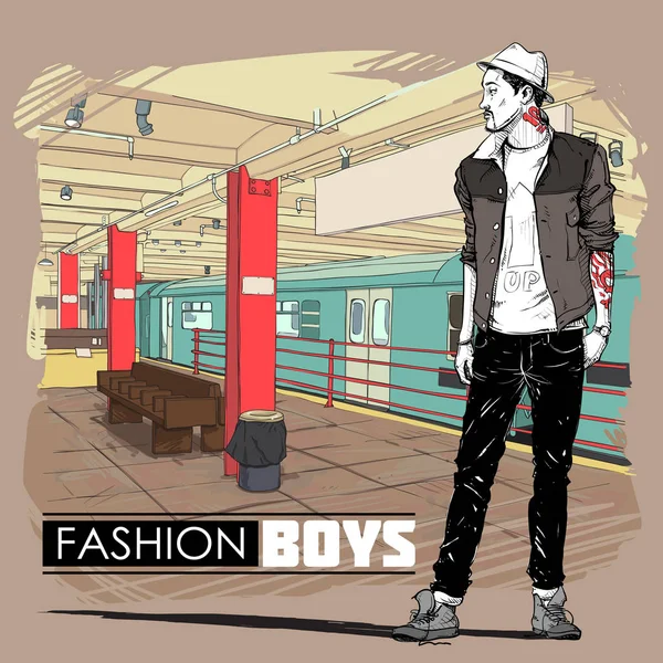 Stylish boy in sketch-style on a subway station. Vector illustra — Stock Vector