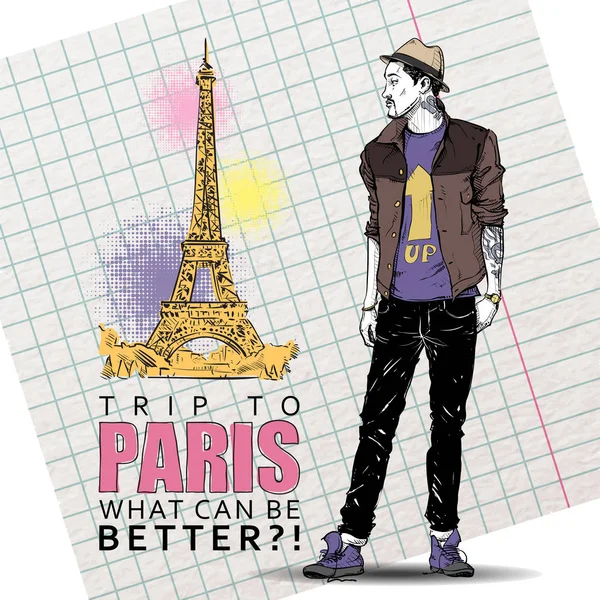 Stijlvolle jongen in sketch-stijl op een achtergrond van de Eiffeltoren. Vector — Stockvector