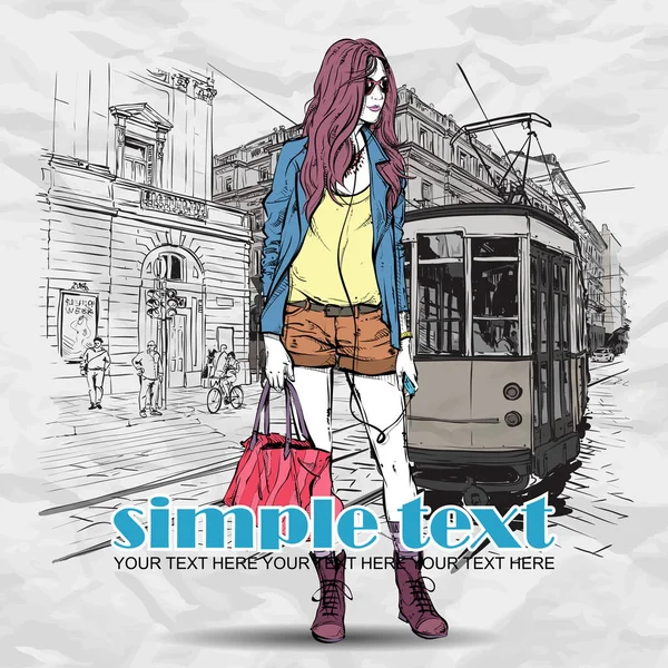 Pretty stylish girl and old tram. Vector illustration. — Stock Vector