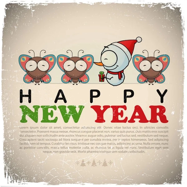 New Year geeting card with snowman and butterfly. Vector illustr — Stock Vector