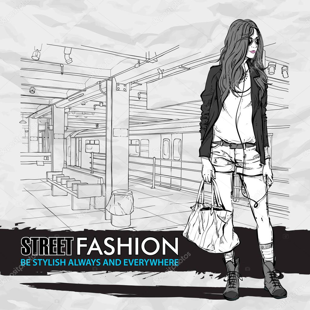 Pretty stylish girl in sketch-style on a subway station. Vector 