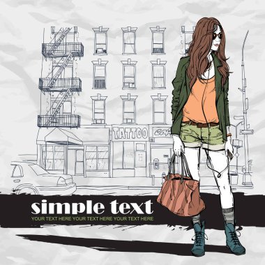 Sket güzel bir kız illüstrasyon ile el çizilmiş arka plan