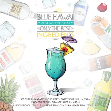 Malzemelerle kokteyl tarifi el çizilmiş illüstrasyon. Vec