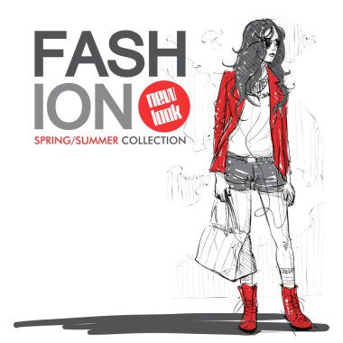 Grunge arka planda oldukça şık bir kız. Vektör çizimi.