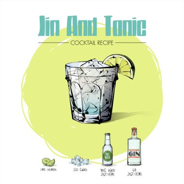 Malzemelerle kokteyl tarifi el çizilmiş illüstrasyon. Vec