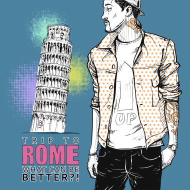 Bir italien arka plan üzerinde skeç tarzı cool genç çocuk. Vektör i