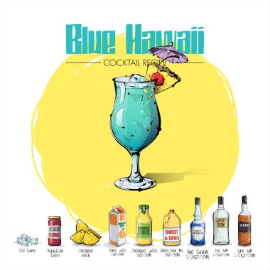 Malzemelerle kokteyl tarifi el çizilmiş illüstrasyon. Vec