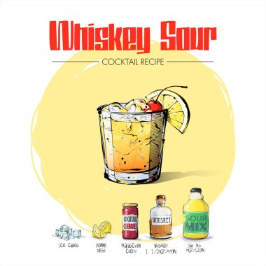 Malzemelerle kokteyl tarifi el çizilmiş illüstrasyon. Vec