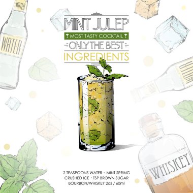 Malzemelerle kokteyl tarifi el çizilmiş illüstrasyon. Vec