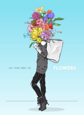 Bir çiçek kafası ile kroki tarzında Oldukça şık kız. Vektör 