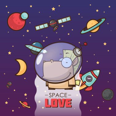 Uzay aşkı. Vektör hayvan karakteri ile kart.