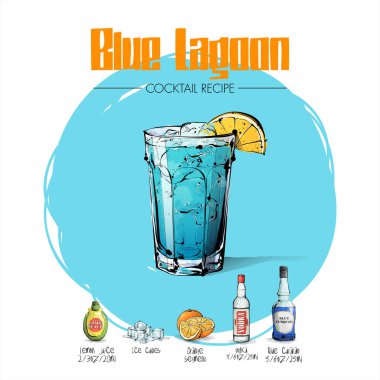 Malzemelerle kokteyl tarifi el çizilmiş illüstrasyon. Vec