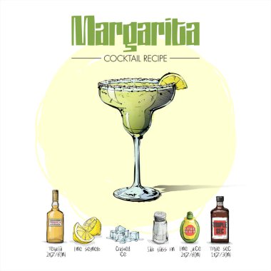 Malzemelerle kokteyl tarifi el çizilmiş illüstrasyon. Vec