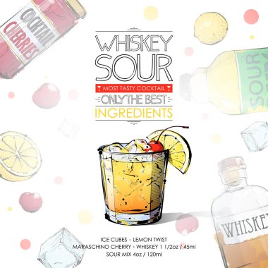 Malzemelerle kokteyl tarifi el çizilmiş illüstrasyon. Vec