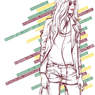 Grunge arka planda oldukça şık bir kız. Vektör çizimi.