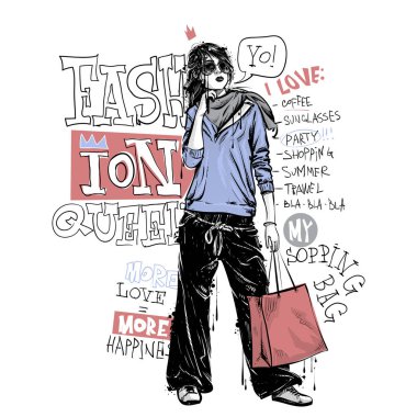 Afiş kroki tarzı ve metin trendy kız ile. Vektör collec