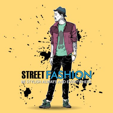 Grunge arka planda şık bir çocuk. Vektör çizimi.