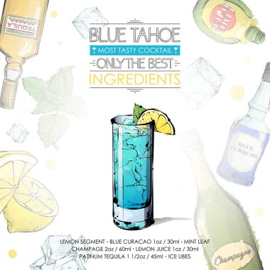 Malzemelerle kokteyl tarifi el çizilmiş illüstrasyon. Vec