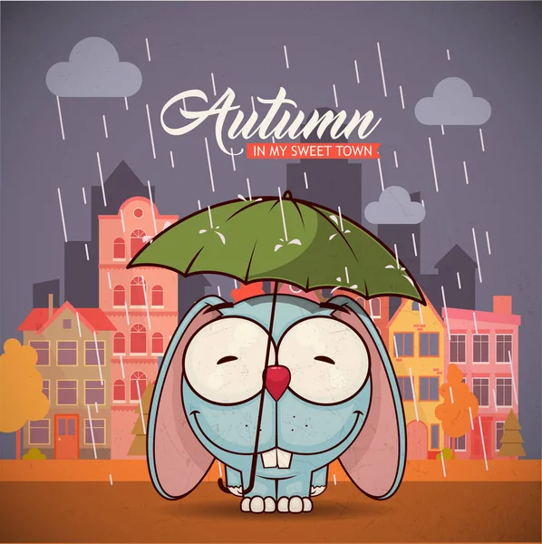 Herbstkarte mit Cartoon-Tierfigur auf Stadthintergrund. v — Stockvektor